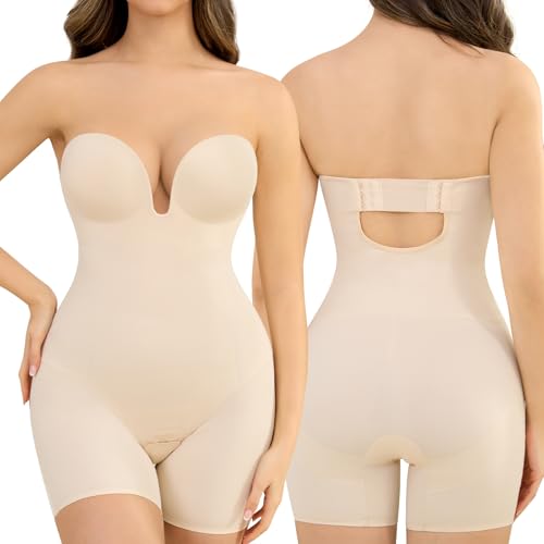 Slimers Strapless Shapewear Deep-Plunge Bodysuit: Strapless Wedding Body Shaper With Bra - Bridal Tummy Control Low Back Bodysuit Shorts Shaper For Women