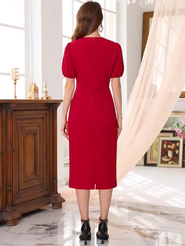 Women's Formal Sheath Dress Puff Sleeve Keyhole Round Neck Elegant Business Midi Pencil Dresses4