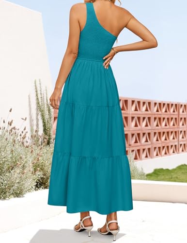Image of ZESICA Women's 2026 Bohemian Summer Floral Print One Shoulder Sleeveless Smocked Ruffle Tiered Beach Long Midi Dress