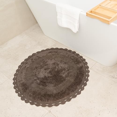 BIEN BEAU Unique Round Boho Bath Mat with Crochet Contour - 100% Cotton Bathroom Rugs -Reversible...