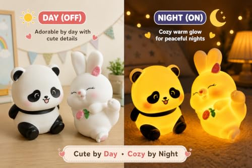 Image of Cubbie Shy Panda & Lovely Bunny Night Light Combo for Kids, 2 PCS PVC Warm Light, Battery Operated Cute Bedside Lamps (Shy Panda Lovely Bunny)