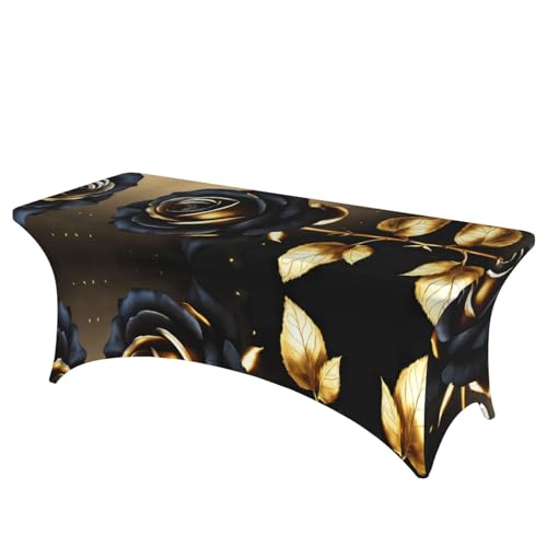 Nappe élasthanne 1,8m fleurs noires dorées pour table de fête