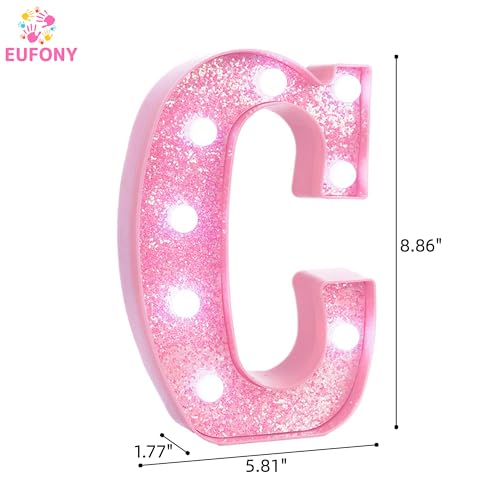 Image of Pink Marquee Light Up Letters, Glitter Alphabet LED Letter Lights for Pink Birthday Party Decorations, Battery Operated Letter Sign for Girls Room Vanity Table Decor, Cool White Lights Letter C