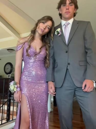 BANTRATIC Sequin Prom Dress for Women Mermaid Long Off Shoulder Sparkly Bridesmaid Dresses with Slit Formal Evening Gown3