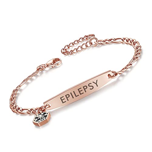 Mnmoom Epilepsy Bracelets For Women Fashion Rose Gold Small Figaro Chain Medical Id Bracelets 6.5-8" #TOP12