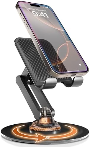 Cooper 360° Stand - Adjustable Cell Phone Stand for Desk | 360° Click-Rotating, Multi-Angle, Non-Slip Metal Base, Foldable & Portable | iPhone Stand for Desk, Cell Phone Stand Holder (Piano Black)