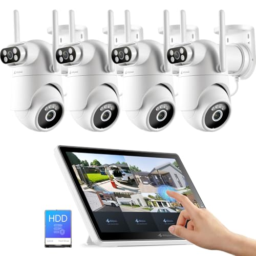 Wireless Security Camera System with 10 Touchscreen Monitor Dual Lens 2K Security Cameras Wireless Outdoor with 2.4/5GHz WiFi 360 PTZ Auto Tracking Night Vision 2-Way Audio 10CH 500GB HDD