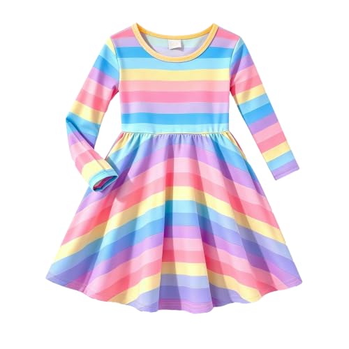 Image of Tkria Toddler Girls Rainbow Dress Striped Fall Dress Cartoon Colourful Long Sleeve Casual Dressy 2-7T