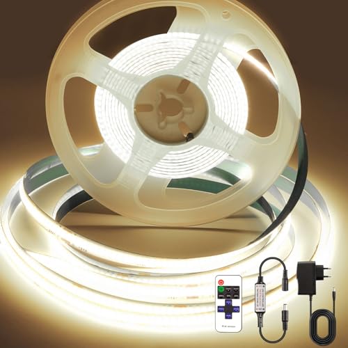Ruban LED COB 3 m, 24V Autocollant Bande LED COB 4000K Blanc Naturel, Flexible 320LED/M Découpable avec Telecommande et Alimentation, Largeur 8mm, Ruban LED Blanc Naturel pour Décoration de Chambre