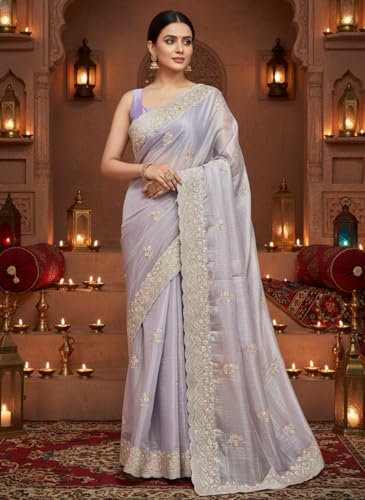 Image of Glory Sarees Women's Organza Chiffon Embroidery Work Scallop Border Saree With Blouse Piece (Chiffon101 Parent)