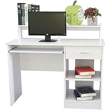 Computer Desk - 43 Gaming Desk, Home Office Desk with Storage, Small Desk with Monitor Stand, Writing Desk for 2 Monitors, Study Table with Drawer and Keyboard Tray, White