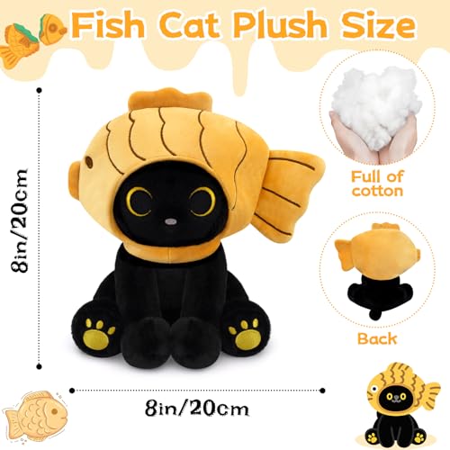 Image of Fish Stuffed Animal Cat Plush, 8inches Black Cat Plush with Brown Taiyaki Hood Removable, Kawaii Stuffed Kitten Doll Toy Cute Plushies for Girls Kids Boys，Christmas Birthday Gifts