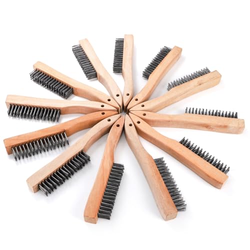 Image of Elsjoy 12 Pack 10 Inch Stainless Steel Carbon Steel Wire Scratch Brush with Wooden Handle, Crimped Wire Bristles for Rust, Paint, Welding Slag Removal