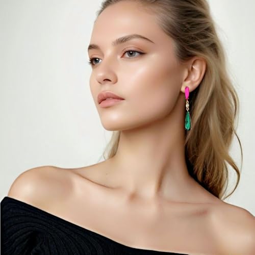 Vintage Crystal Glass Teardrop Dangle Earrings for Women Pink Green Sparkling Rhinestones Elegant Earrings Trendy Jewelry for Prom Party (Green) by ZTECH - Used condition - Image 5