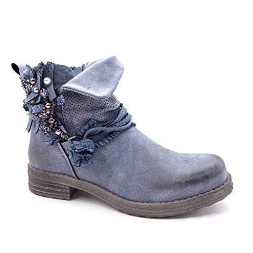 Angkorly - Zapatillas Moda Botines Reversible Biker Motociclistas Glam Rock Mujer fantasía Cuerda Perla Tacón Ancho 3 CM - Azul F3070 T 39