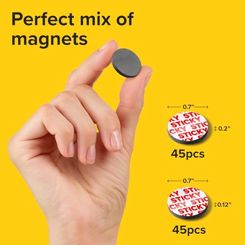 Image of Ultra-Strong Ceramic Round Magnets with Adhesive Backing (2 Sizes Mix, 90 pcs) - Heavy Duty Sticky Magnets, Non-Corrosive, Versatile for Home, Office, Workshop, Whiteboard, Fridge and Hobby Use