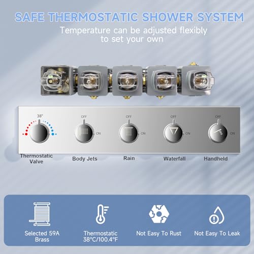 Rain Shower Jets System In Wall with 6 Body Jets, Doozoler Smart Thermostatic Shower System, 16 Inch Luxury Ceiling Mount Rainfall Waterfall Shower System with Tub Spout, LED Light Music, Chrome