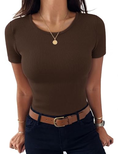 Aottori Damen T-Shirt Gerippt Elegant Oberteile Kurzarm Rundhals Basic RIPP Shirt Slim Fit Tshirt Stretch Casual Sommer Top Braun L