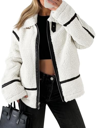 Tankaneo Womens Faux Fur Jackets Winter Trendy Sherpa Moto Leather Patchwork Zip Up Coat