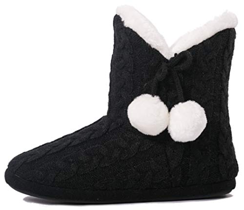 AIREE FAIREE Zapatillas de Casa para Mujer Pantuflas Mujer Invierno Casa con Bordes del Tejido de Punto y Pompons (Pequeño EU 36-37, Negro)