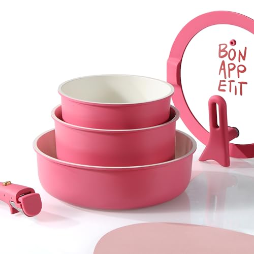 CAROTE 18Pcs Pots and Pans Set Non Stick, Nonstick Ceramic Cookware Set with Detachable Handle, Non Toxic Kitchen Cooking Sets, PFOA Free, Oven Safe, Stackable Induction Ready, Pink - Image 5