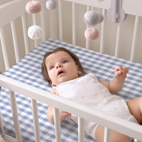 Image of Peryiter 4 Pack Crib Sheets Blue Toile Soft Baby Bed Sheet Set 52'' x 28 inch Nursery Crib Sheets for Standard Bed Toddler Mattress Nursery Decor Boys Girls Kids Baby