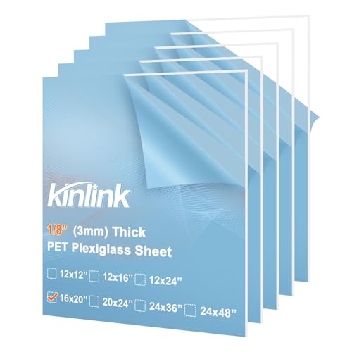 Image of KINLINK 16x20 Plexiglass Sheets 1 /8 inch Thick, 3mm Clear PET Plastic Sheet for DIY Project, Craft, Table top, Picture Frame, Acrylic Sign and Wedding Invitation 5 Pack