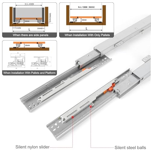Unterflurführungen Bodenmontage Schubladenschienen, 1 Paar 200 mm Schubladenauszüge Schubkastenauszug Vollauszug, 40 KG Ladekapazität, Schubladenschienen Selbsteinzug mit Dämpfung
