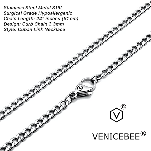 VENICEBEE® Best Stainless Steel Chain Medical Grade 316L Surgical Metal Curb Cuban Link 24" INCHES 3.3MM Wide Perfect Chain 24 inch + Pouch - HYPOALLERGENIC LEAD-FREE METAL3