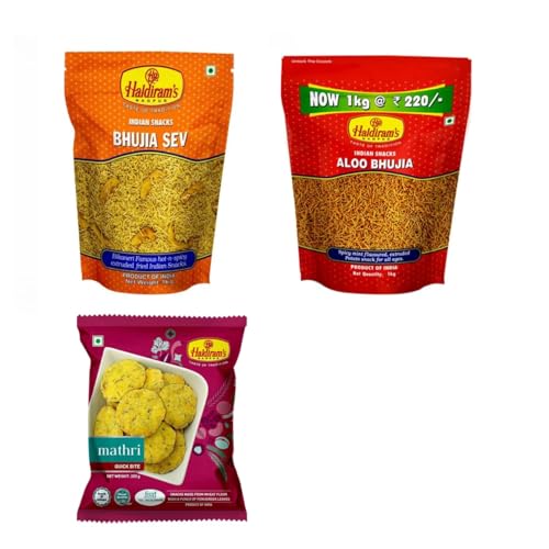 Image of Haldiram's Indian Snacks Combo Pack, Bhujia Sev 1kg, Aloo Bhujia 1kg, Mathri 200g