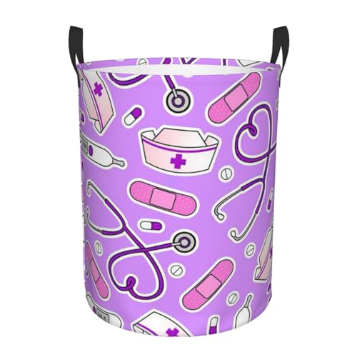 Cesta de ropa sucia circular personalizada con estampado morado para enfermera, diseño estable, funciona en baño y armario