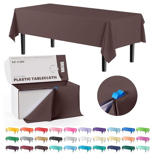 Image of Exquisite Party Solids 54 Inch X 300 Feet Brown Plastic Table Cover Roll in A Cut - to - Size Box with Convenient Slide Cutter. Cuts Up to 36 Rectangle 8 Feet Plastic Disposable Tablecloths
