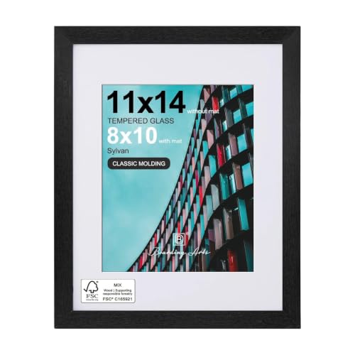 11x14 Picture Frame-Black,8x10 Mat,Tempered Glass,Engineered Wood