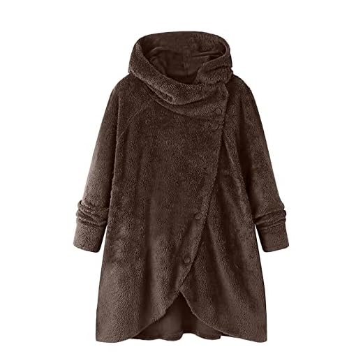 Fleecejacka dam stora storlekar plyschjacka kappa vinterjacka jacka för kvinnor med huva lös kofta ullkappa vinterjacka höst vinter varm sweatjacka Teddy övergångsjacka fleecetröja, kaffe, 5XL