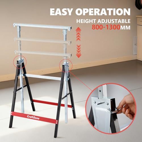 Image of Folding Saw Horses 2 Pack 880lbs Total Capacity Adjustable Height with Non-Slip Feet Portable Work Support for Woodworking and Construction