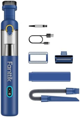 Fanttik Slim V8 Mate Cordless Car Vacuum Suction Power 12000Pa, Portable Mini Vacuum with Flexible Hose and Pet Brush, Type-C Charge, Portable for Car, Office Desk, Keyboards, Blue