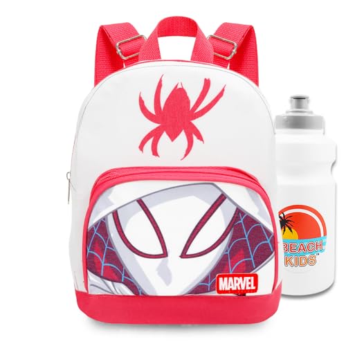 Spider Gwen Mini Backpack - 10' Iconic Woven Ghost Spider Small Backpack with Front Pocket and Bottle Bundle | Adjusts to Fit Kids, Toddlers, Teens, Women, Girls