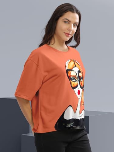Image of HELLCAT Beige Printed Loose Fit Crew-Neck Crop T-Shirt for Women