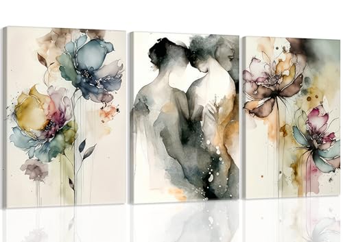 YOXORDQ 3Pcs Abstract flower Canvas Wall Art Modern Watercolor Couple Painting poster Neutral Florals Pictures Prints for Bedroom living room Bathroom Wall Decor 12x16In Framed