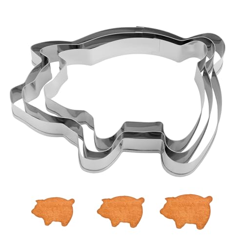 3pcs Cute Pig Cookie Cutters Set, 3 Sizes Stainless Steel Piggy Marranitos Biscuit Moulds, Funny Farm Animal Concha Stamp, Mexican Puerquito Bread Cracker for Kitchen Baking Supplies (Silver)