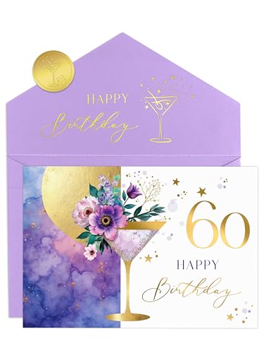 Joli Coon Biglietto auguri compleanno 60 ELEGANT – Biglietto pieghevole di alta qualità con illustrazione floreale di martini e busta in colori pastello – Biglietto auguri compleanno 60 anni donna