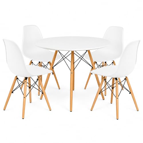 Conjunto Mesa Eames Redonda 70cm com 4 Cadeiras Pretas – Mesa de Jantar Moderna com Pés de Madeira e Estrutura Reforçada – Ideal para Sala de Jantar, Cozinha e Área Gourmet (BRANCO)