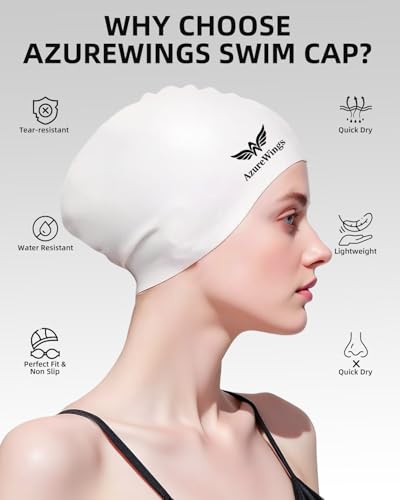 Large Swim Cap for Women Men, Durable Silicone Swimming Hat with Ear Protection, Unisex Adults Bath Swimming Caps(White-L) — view 4