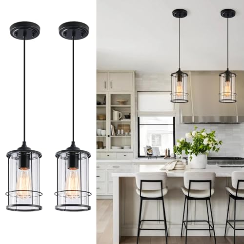 AKEZON Pendant Lights, Black Hanging Light Fixtures Kitchen Island 2 Pack with Clear Glass, Modern Industrial Cage Pendant Lighting for Kitchen Dining Room Entryway Bathroom