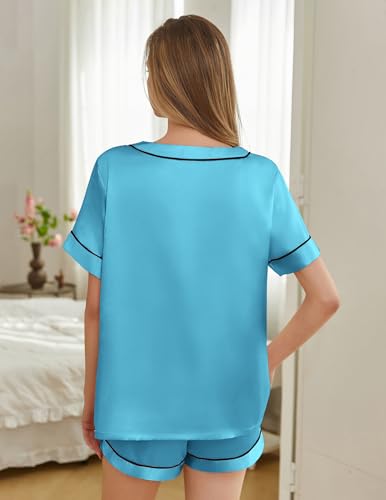 Image of Silk Pajamas for Women Short Sleeve Satin 2 Piece Pj Set Soft V Neck Sleepwear Loungewear, S-XXL