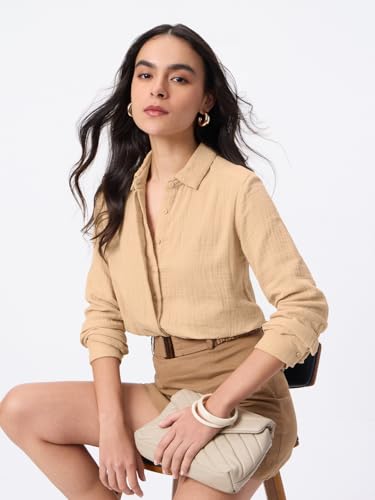 Image of The Souled Store Textured Shirt: Women and Girls Full Sleeves Spread Collar Solid Cotton Regular Fit Lightweight All-Season Shirt for Casual Wear