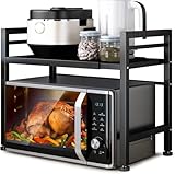  Eushine Micro-Ondes Rack, 2 Couches Support de Four à Micro-Ondes en bambou, Ajustable Etagere Rangement Cuisine avec 4 Crochets Et Support de Planche à Découper-55cmx42cmx35cm