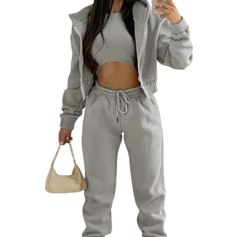 Survêtement 3 pièces femme tendance, avec sweat court à capuche et pantalon détente décontracté