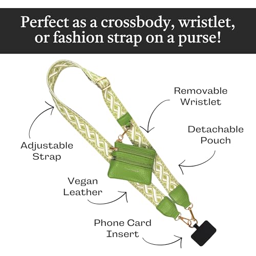 Image of Save the Girls Original Clip and Go Phone Strap Pattern (XOXO - Green) - Crossbody Phone Strap Chain with Zipper Wallet Pouch - Phone Lanyard Zippered