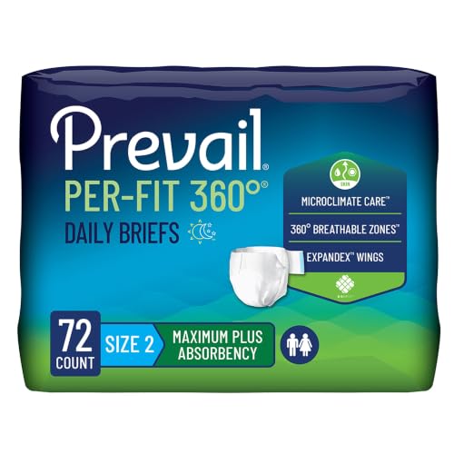 Prevail Per-Fit 360 Daily Incontinence Briefs, Unisex Adult Incontinence Briefs with Tabs, Maximum Plus Absorbency, Size 2, 72 Count (4 Packs of 18)
